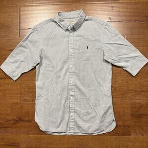 All Saints Redondo Button Up Shirt Mens S Gray Short Sleeve Embroidered Retro